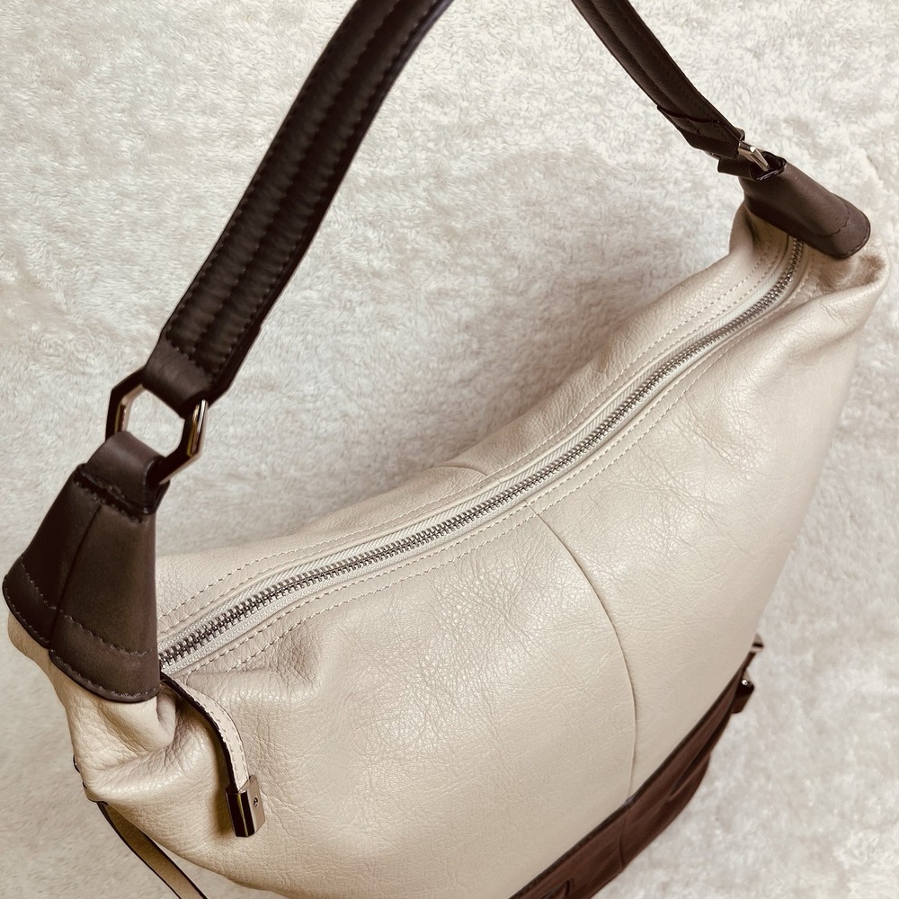 B Makowsky Bucket Shoulder Bag Large Pebbled Leather Cream Brown Zipper Purse - Picture 6 of 15